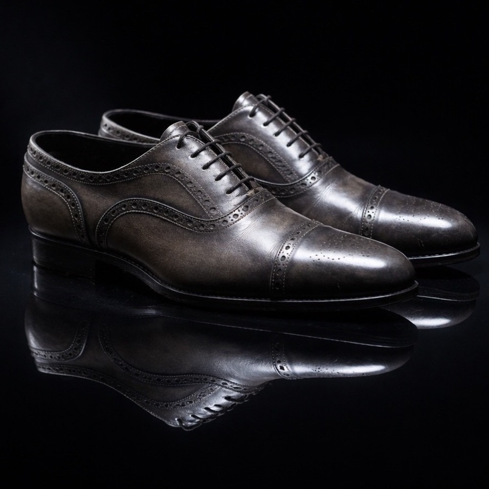 Santoni Antique Grey Leather Cap Toe Brogues - Handmade Italian Luxury Oxfords